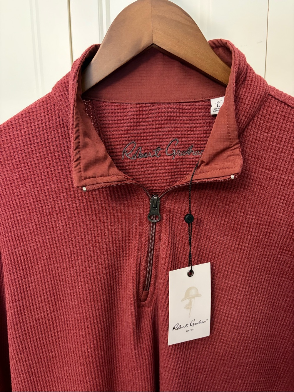 Robert Graham Shelton Top. Red Waffle-Knit Half-Zip Pullover